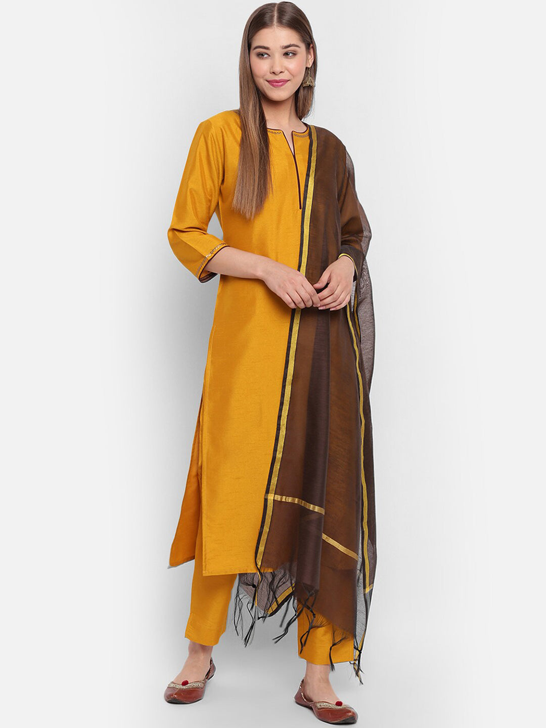 Janasya Women Mustard Yellow & Brown Solid Kurta with Trousers & Dupatta
