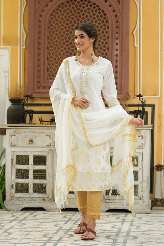 Juniper Off - White Georgette Festive Printed Straight Kurta Dupatta Set For Women | Grab2Buy