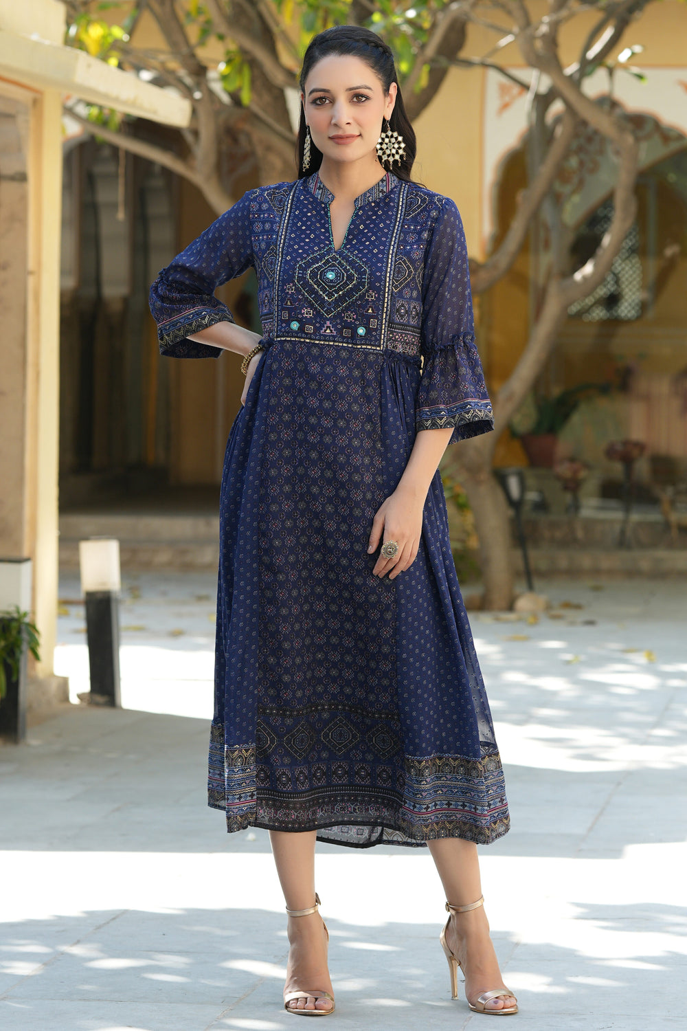 Juniper Indigo Georgette Festive Printed Flared Dress For Women