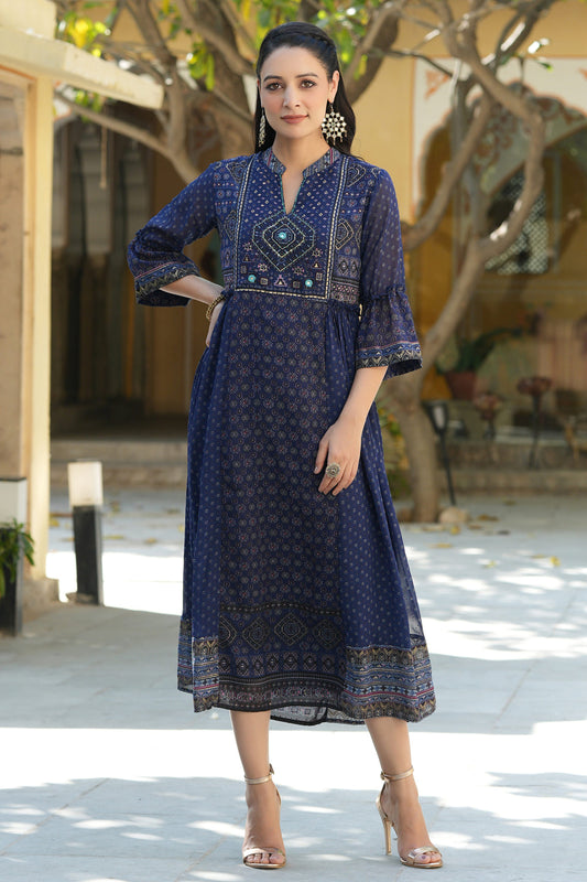 Juniper Indigo Georgette Festive Printed Flared Dress For Women