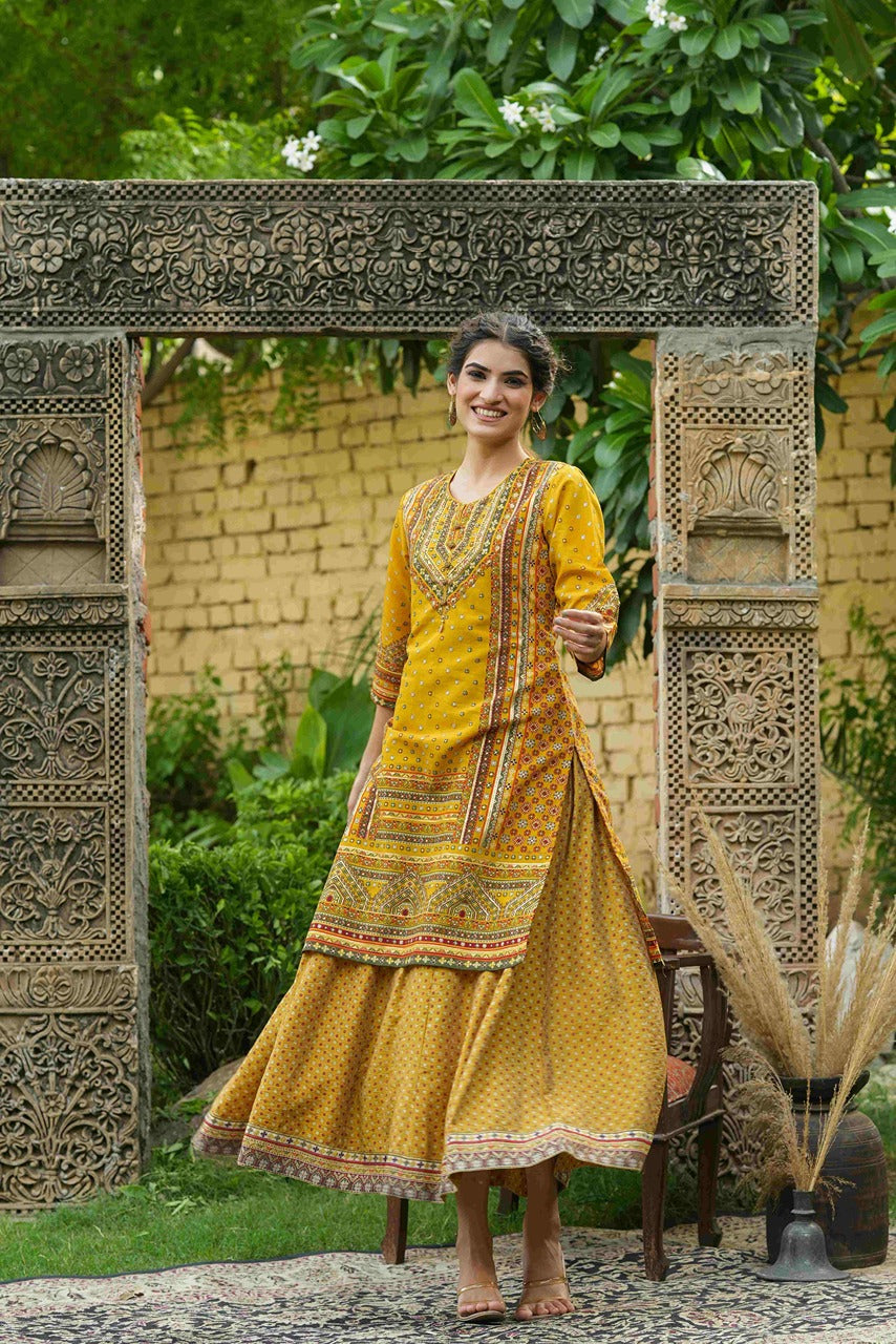 Juniper Mustard Chanderi Festive Printed Flared Kurta For Women | Grab2Buy