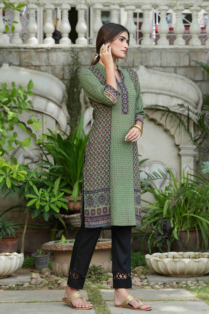 Juniper Green Rayon Festive Gold Foil Printed Straight Kurta For Women