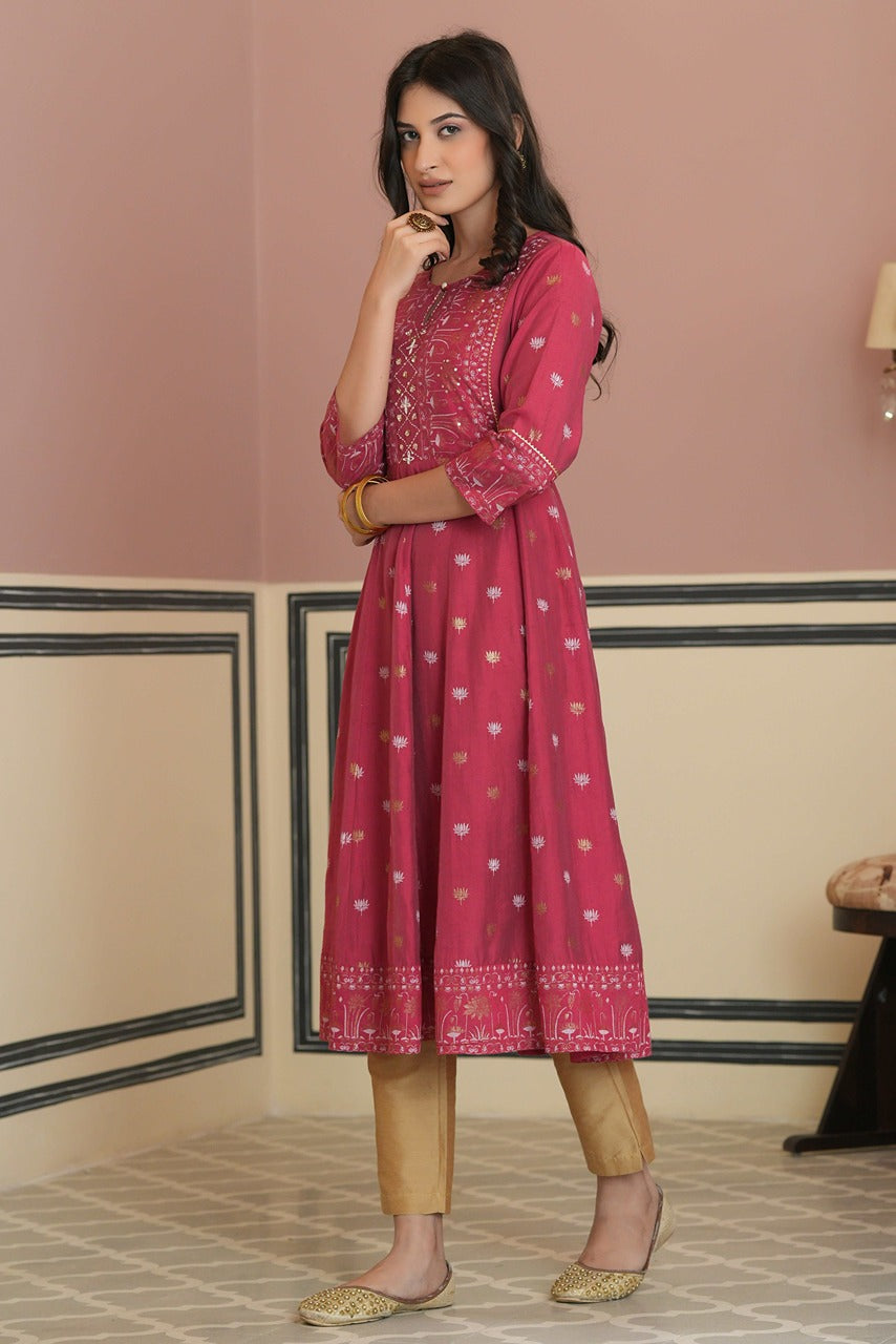 Juniper Fuchsia Rayon Festive Handwork Sequence Anarkali Kurta For Women