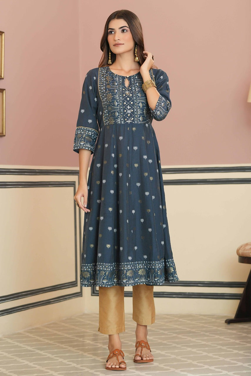 Juniper Teal Rayon Festive Handwork Sequence Anarkali Kurta For Women