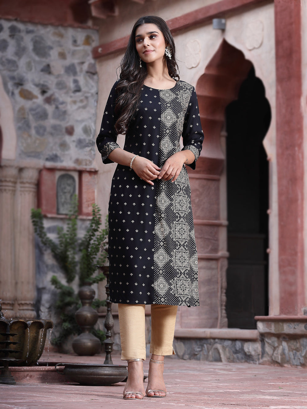 Juniper Women's Black Rayon Printed Straight Kurta | Grab2Buy