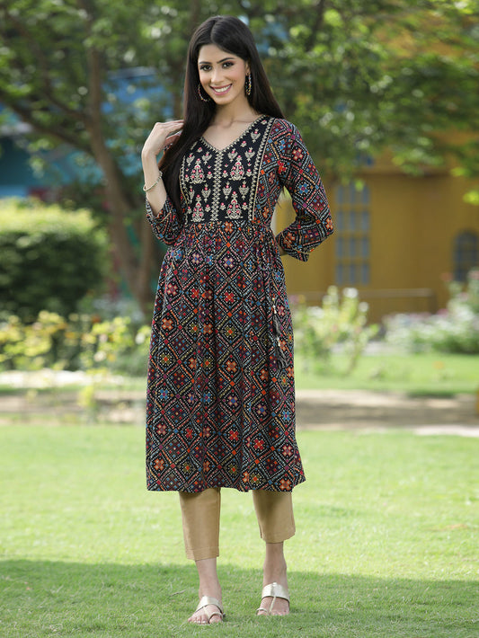 Juniper Black Rayon Festive Printed Flared Kurta For Women | Grab2Buy