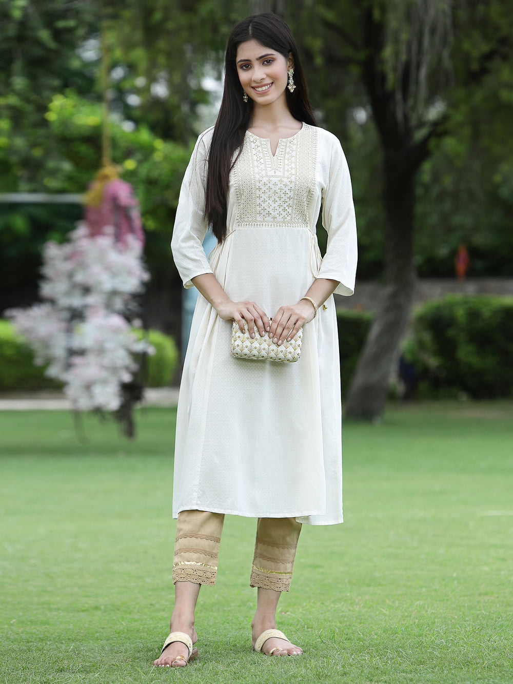 Juniper Women Ivory Rayon Festive Embroidered Flared Kurta