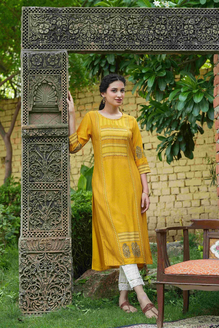 Juniper Mustard Rayon Festive Printed Straight Kurta For Women