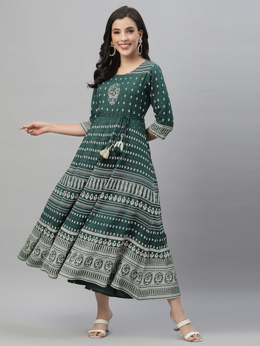 Juniper Green Rayon Festive Printed Flared Dress For Women