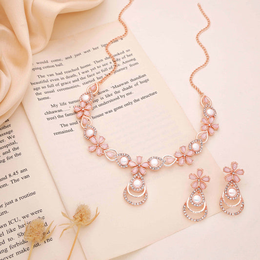 Tehzeeb Creations Rose Gold-Polished Baby Pink Colour Necklace With Stud