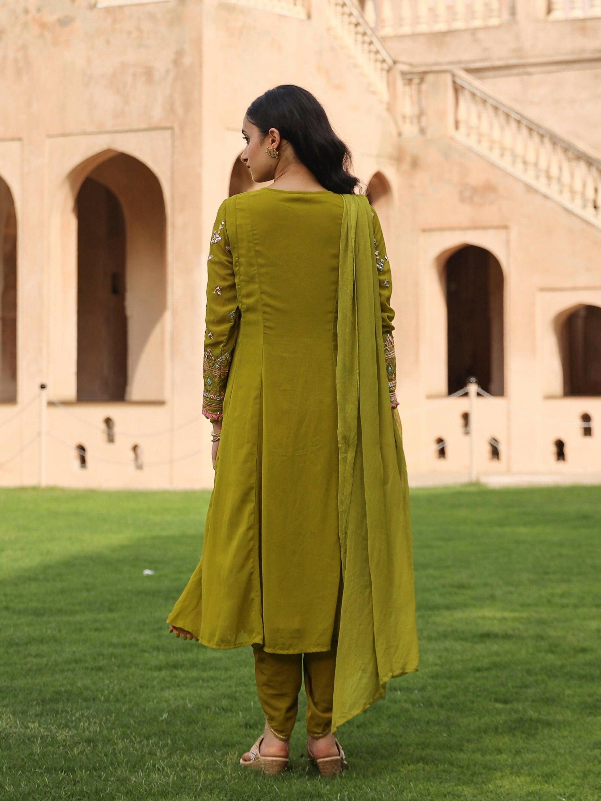 Juniper Women's Green Thread Embroidered Georgette Kurta Dhoti Pant & Dupatta Set With Mirror Work & Sequins