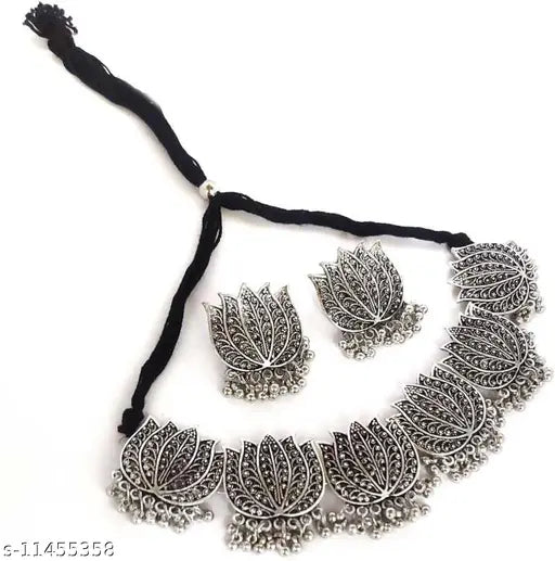Tehzeeb Creations Women's Silver Colour Oxidised Lotus Design Necklace Set Tehzeeb Creations