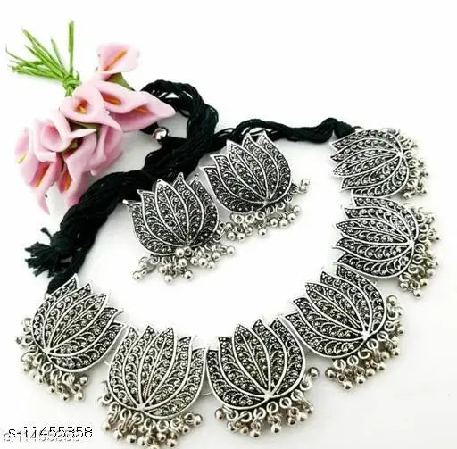 Tehzeeb Creations Women's Silver Colour Oxidised Lotus Design Necklace Set Tehzeeb Creations