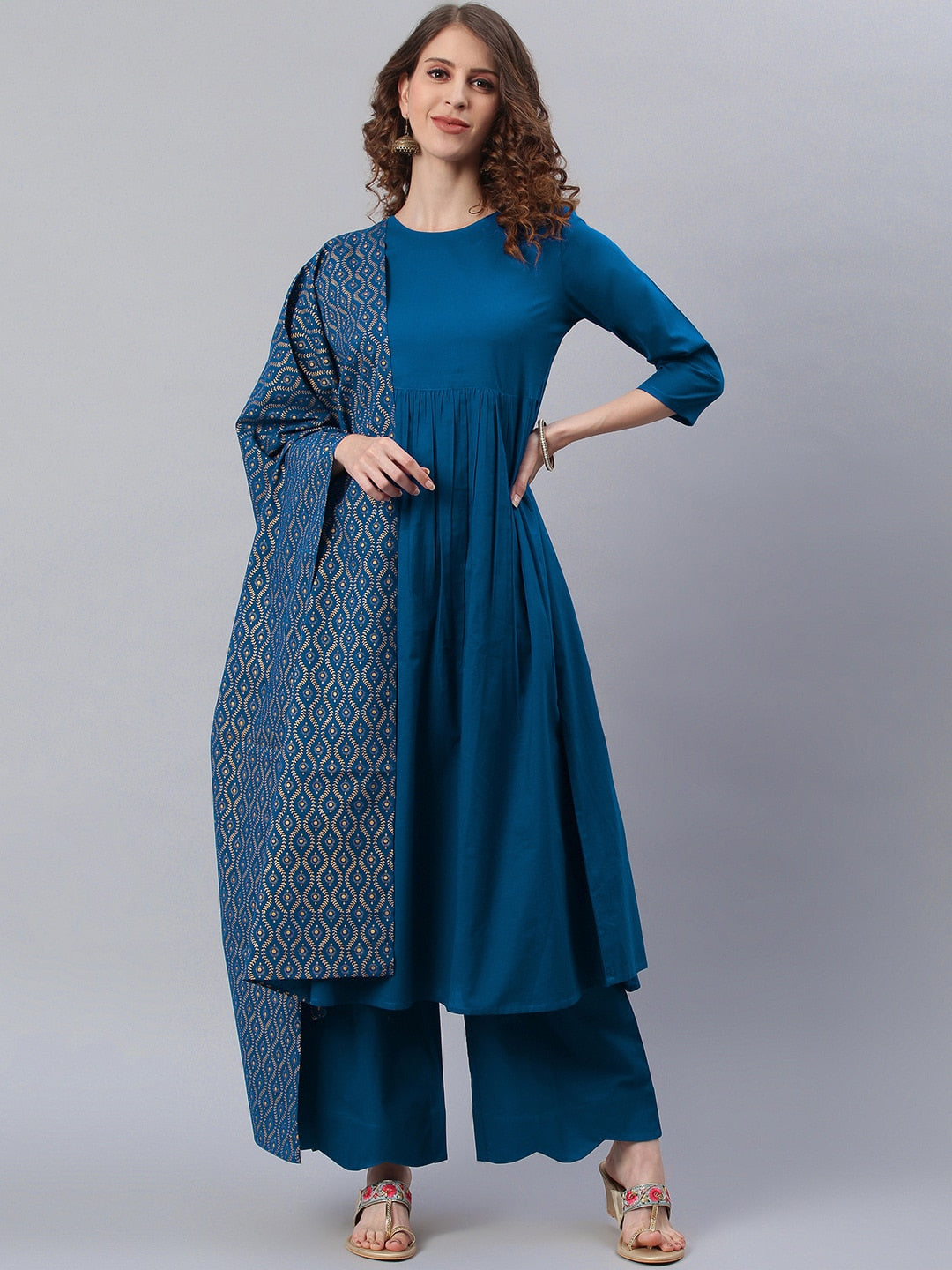 Janasya Women Blue Printed Pure Cotton Anarkali Kurta & Palazzos With Dupatta
