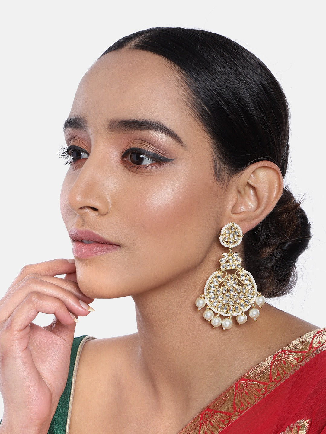 Gold-Polished Traditional Beaded Chandbali Earrings Glided with Kundans and Pearls For Women/Girls - Wahe Jewels Noz2Toz