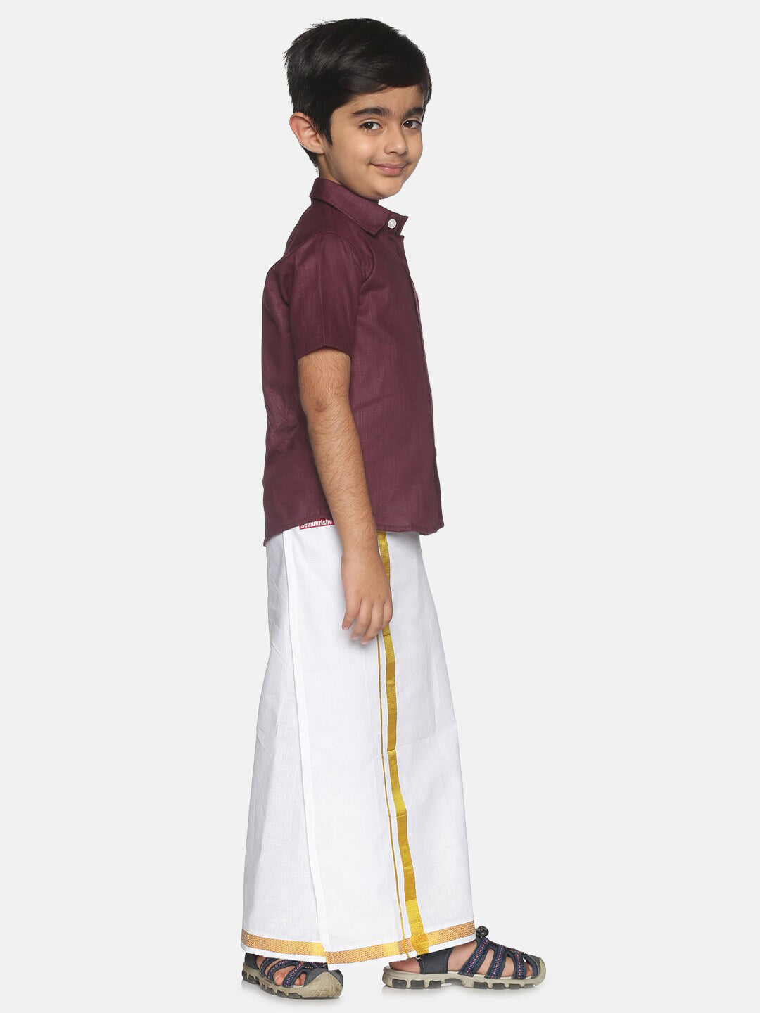 Sethukrishna Boys Maroon & White Pure Cotton Solid Shirt and Dhoti Set