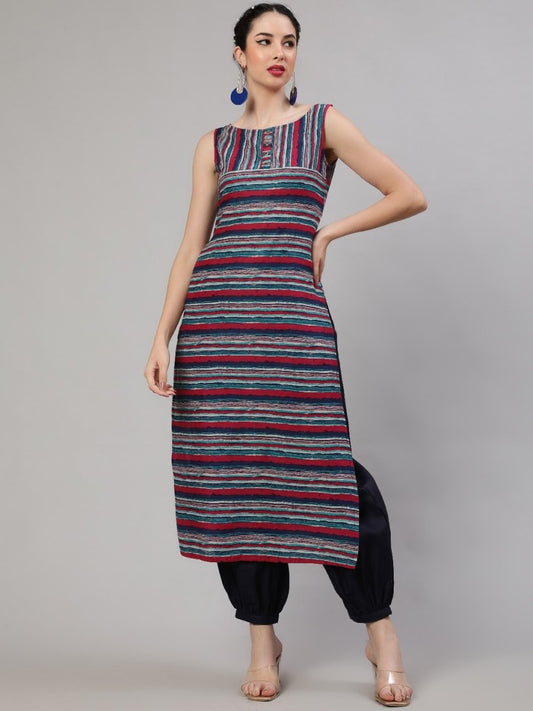 Aks Striped Regular Pure Cotton Kurta With Salwar