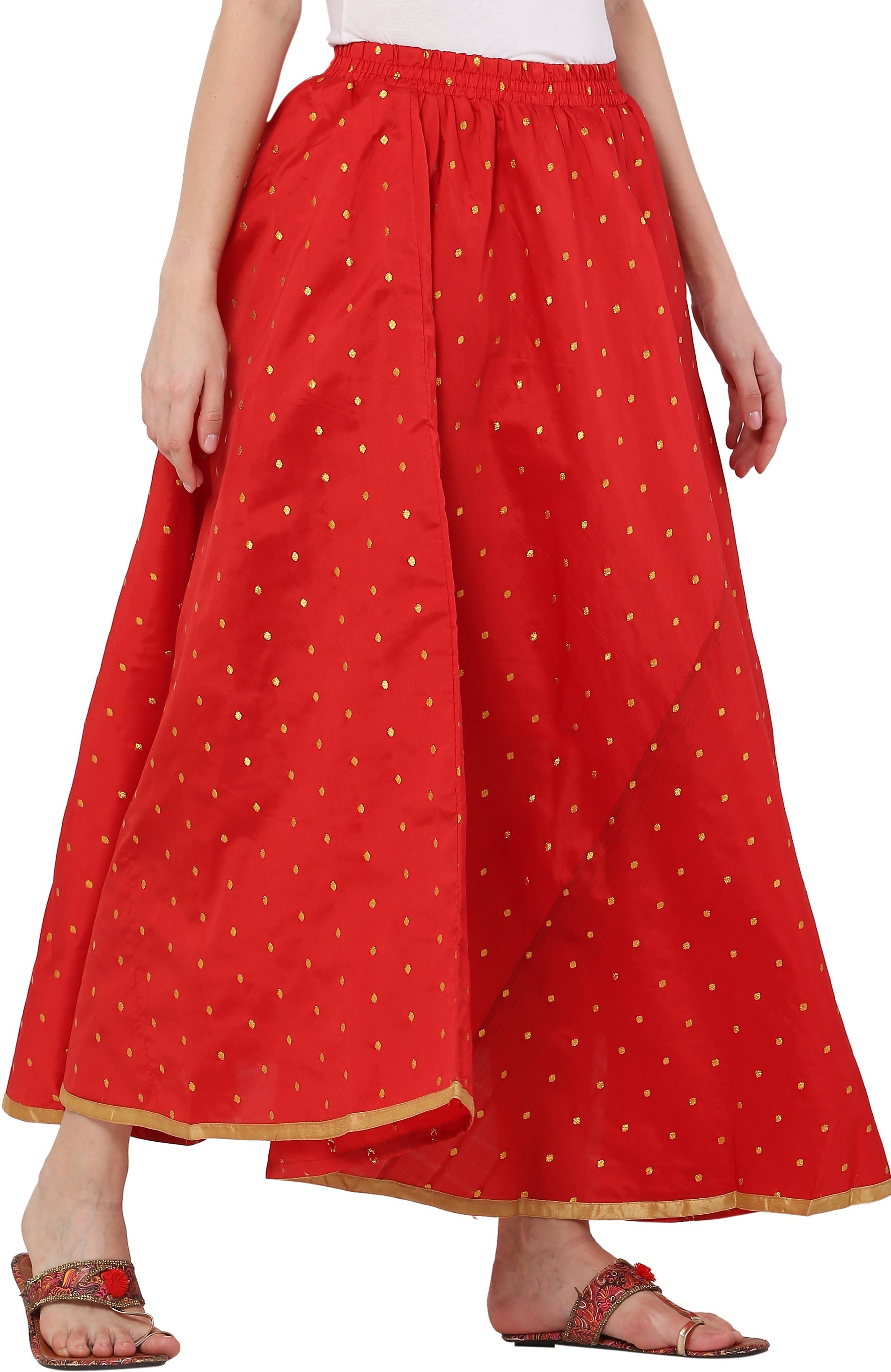 PAVONINE Red Color Golden Zari Work Satan Fabric Maxi Skirt For Women