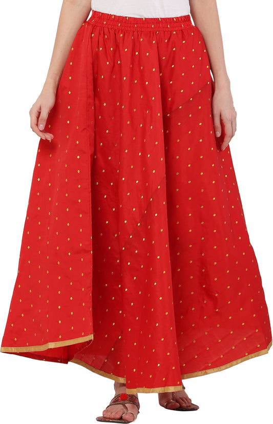 PAVONINE Red Color Golden Zari Work Satan Fabric Maxi Skirt For Women