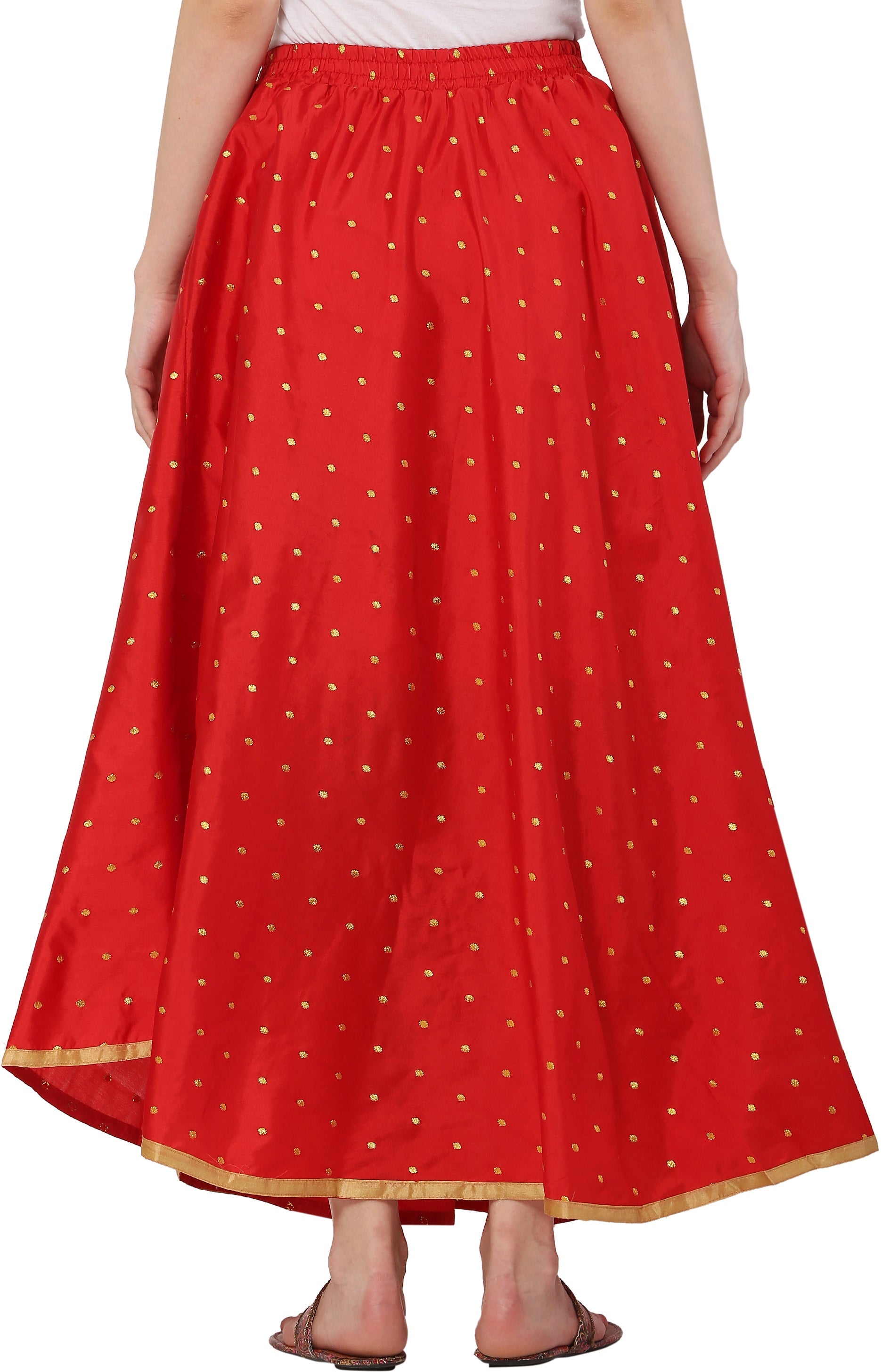 PAVONINE Red Color Golden Zari Work Satan Fabric Maxi Skirt For Women
