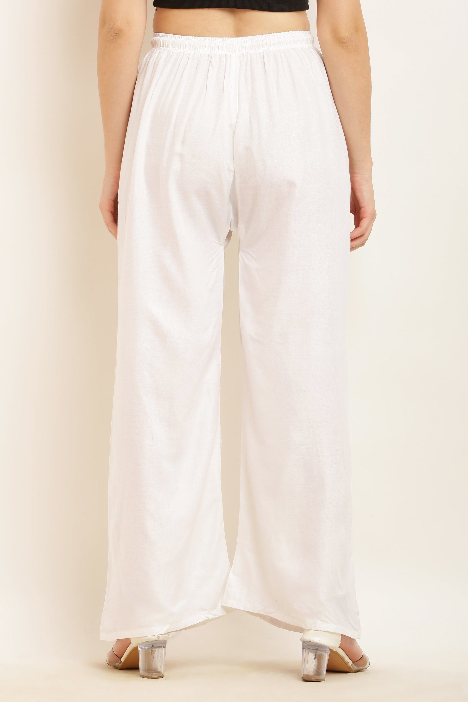 PAVONINE White Color Straight Fit Rayon Fabric Palazzo