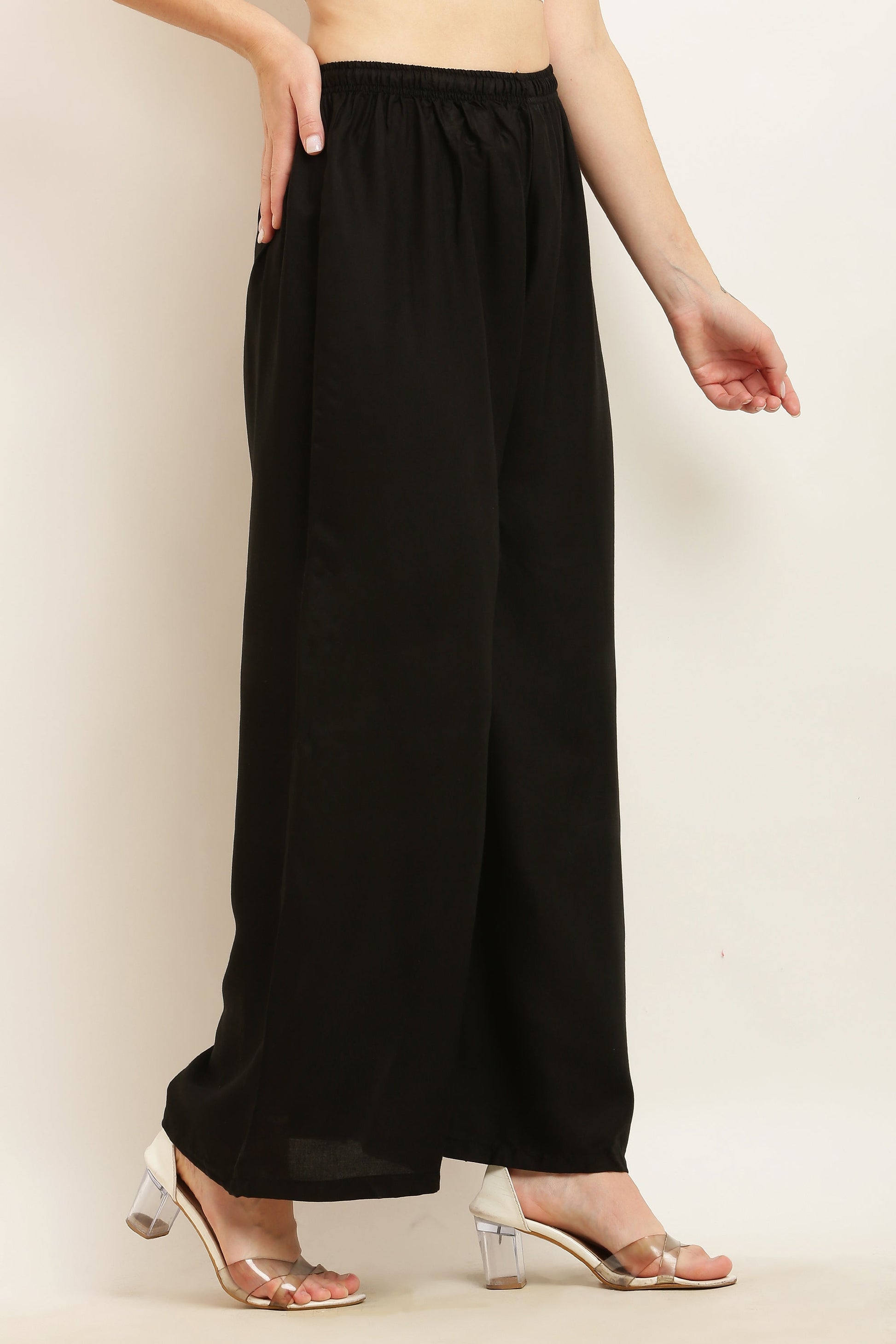 PAVONINE Black Color Straight Fit Rayon Fabric Palazzo