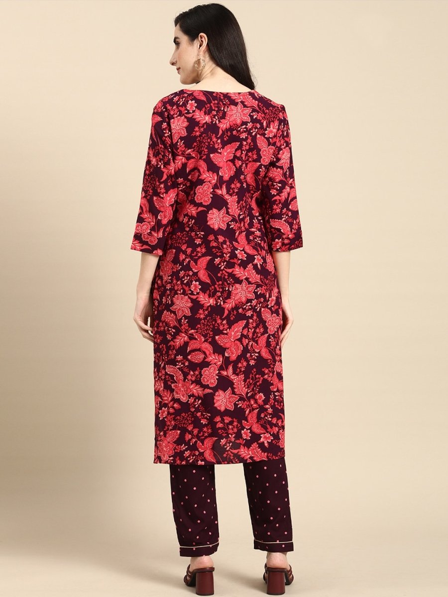 All About You Women Purple & Red Floral Printed Regular Kurta with Trousers