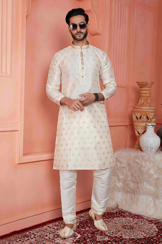 Raivat Ethnic Jacquard Banarasi Silk Pintux Work Kurta Pajama In Cream Colour