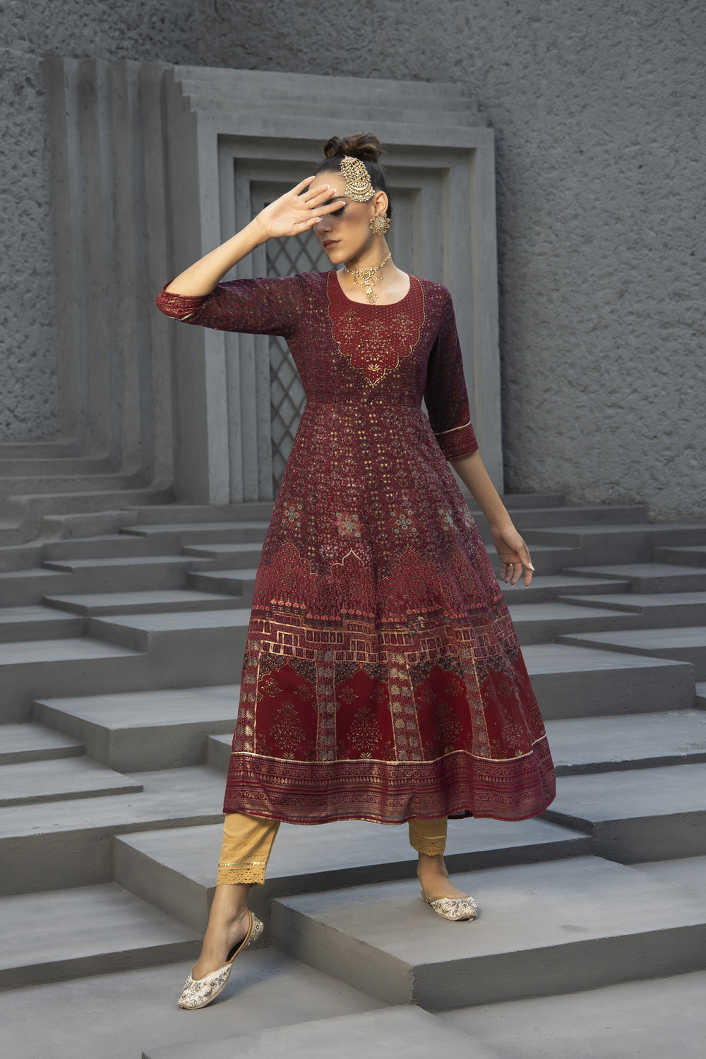 Juniper Maroon Georgette Festive Printed Anarkali Flared Anarkali Kurta For Women