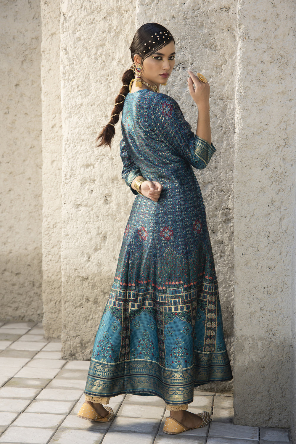 Juniper Teal Satin Festive Printed Anarkali Flared Anarkali Kurta For Women