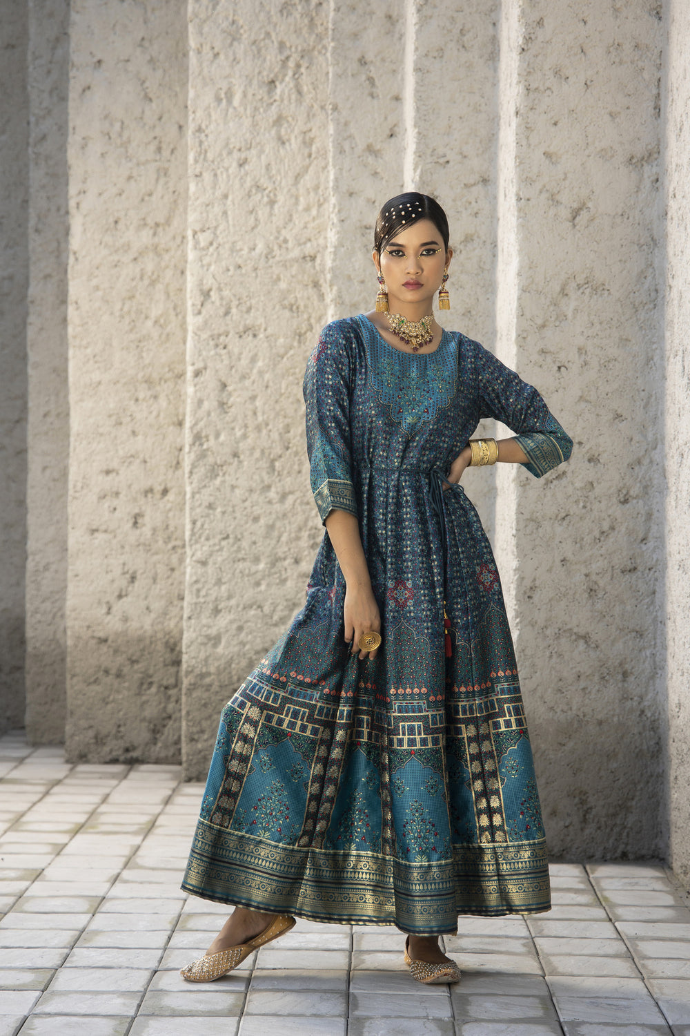 Juniper Teal Satin Festive Printed Anarkali Flared Anarkali Kurta For Women