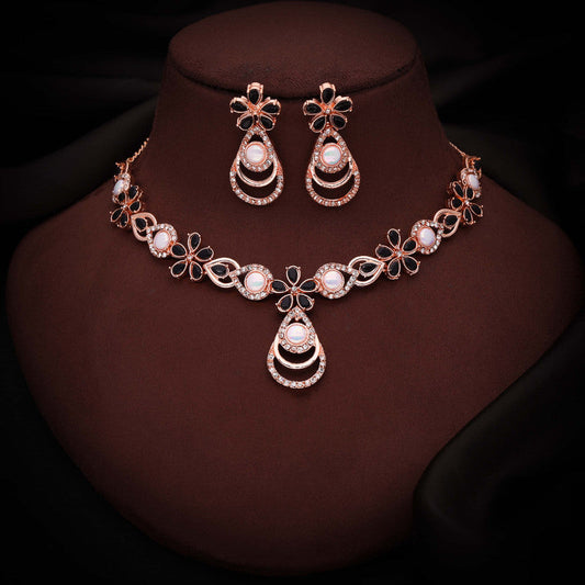 Tehzeeb Creations Rose Gold-Polished Black Colour Necklace With Stud