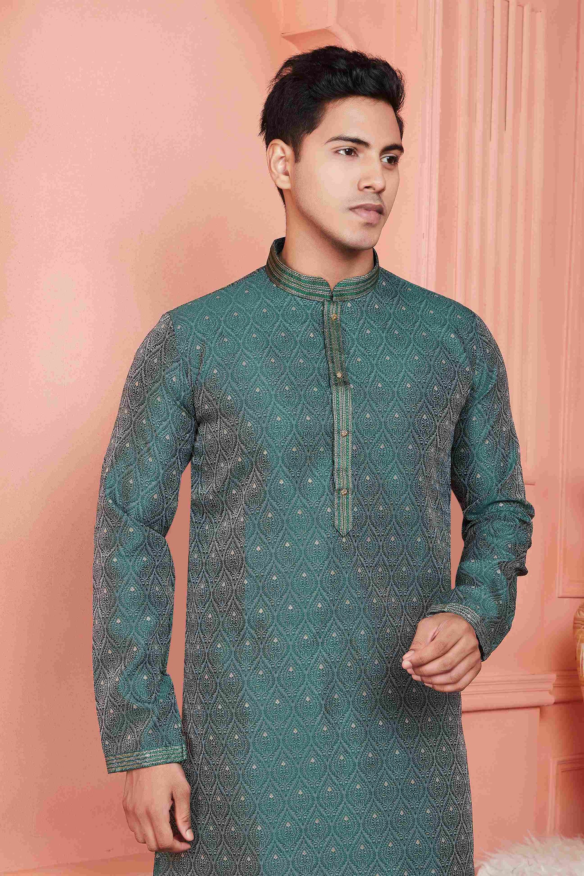 Raivat Ethnic Jacquard Banarasi Silk Pintux Work Kurta Pajama In Green Colour