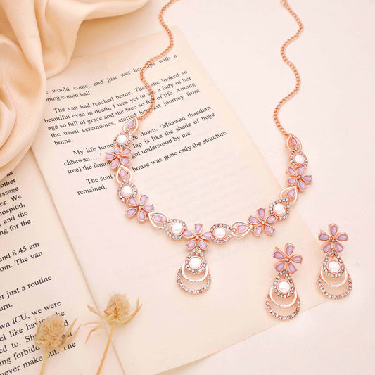 Tehzeeb Creations Rose Gold-Polished Lavender Colour Necklace With Stud