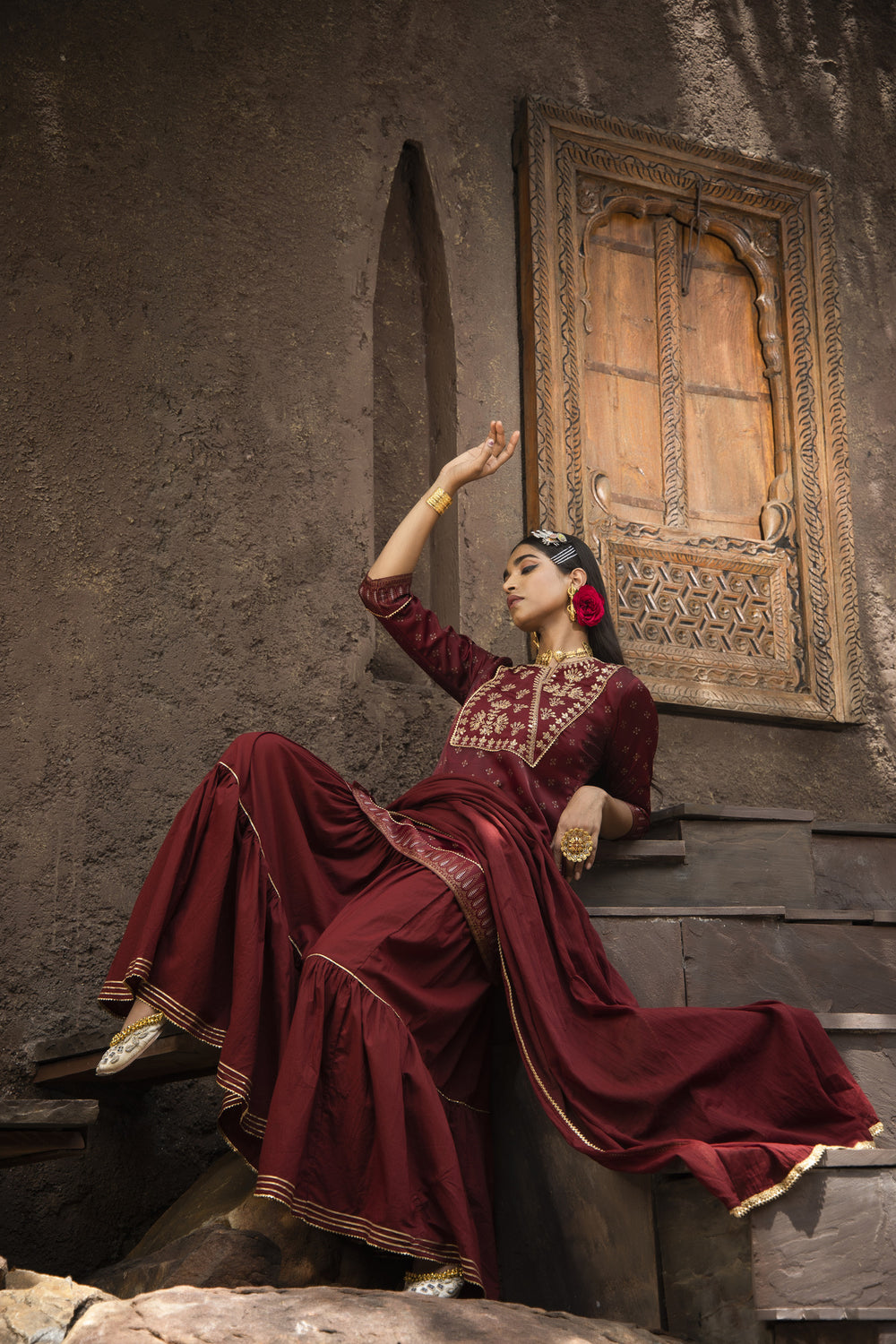 Juniper Maroon Satin Slub Festive Embroidered Printed Straight Kurta Skirt Dupatta Set