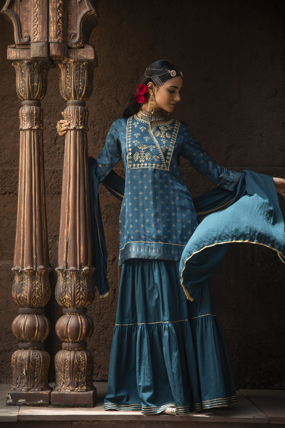 Juniper Teal Satin Slub Festive Embroidered Printed Straight Kurta Skirt Dupatta For Women