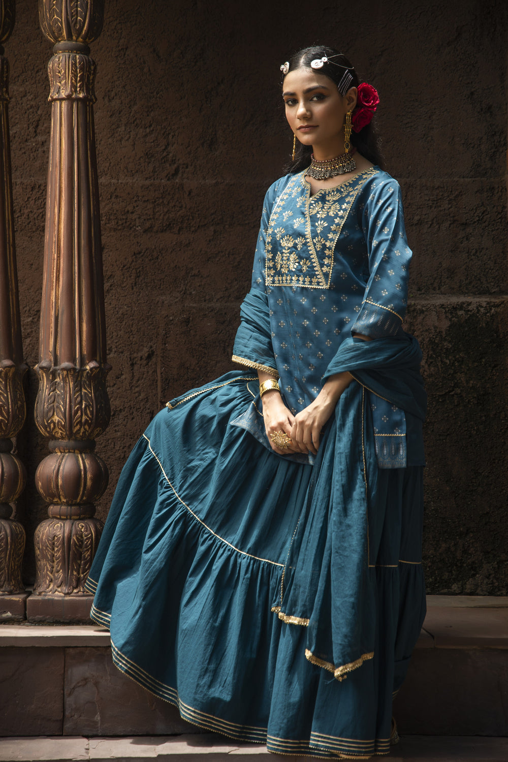 Juniper Teal Satin Slub Festive Embroidered Printed Straight Kurta Skirt Dupatta For Women