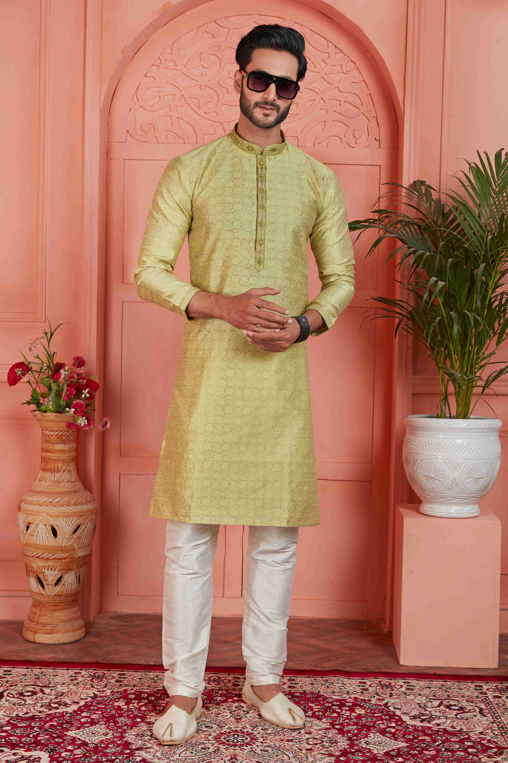 Raivat Ethnic Men's Jacquard Silk Brocade Mirror and Pintux Work Kurta Pyjama In Yellow Colour