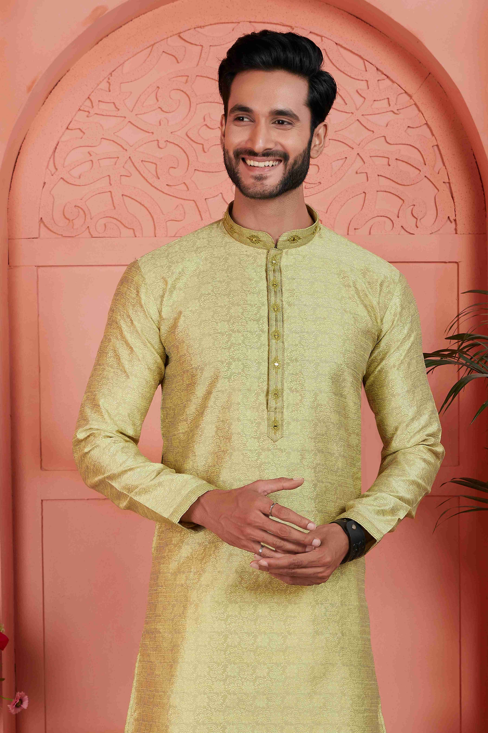 Raivat Ethnic Men's Jacquard Silk Brocade Mirror and Pintux Work Kurta Pyjama In Yellow Colour