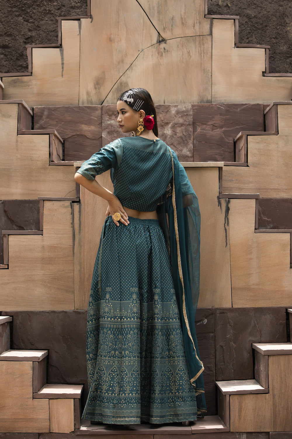 Juniper Teal Dull Satin Festive Embroidered Printed Crop Lehenga Choli Dupatta Set
