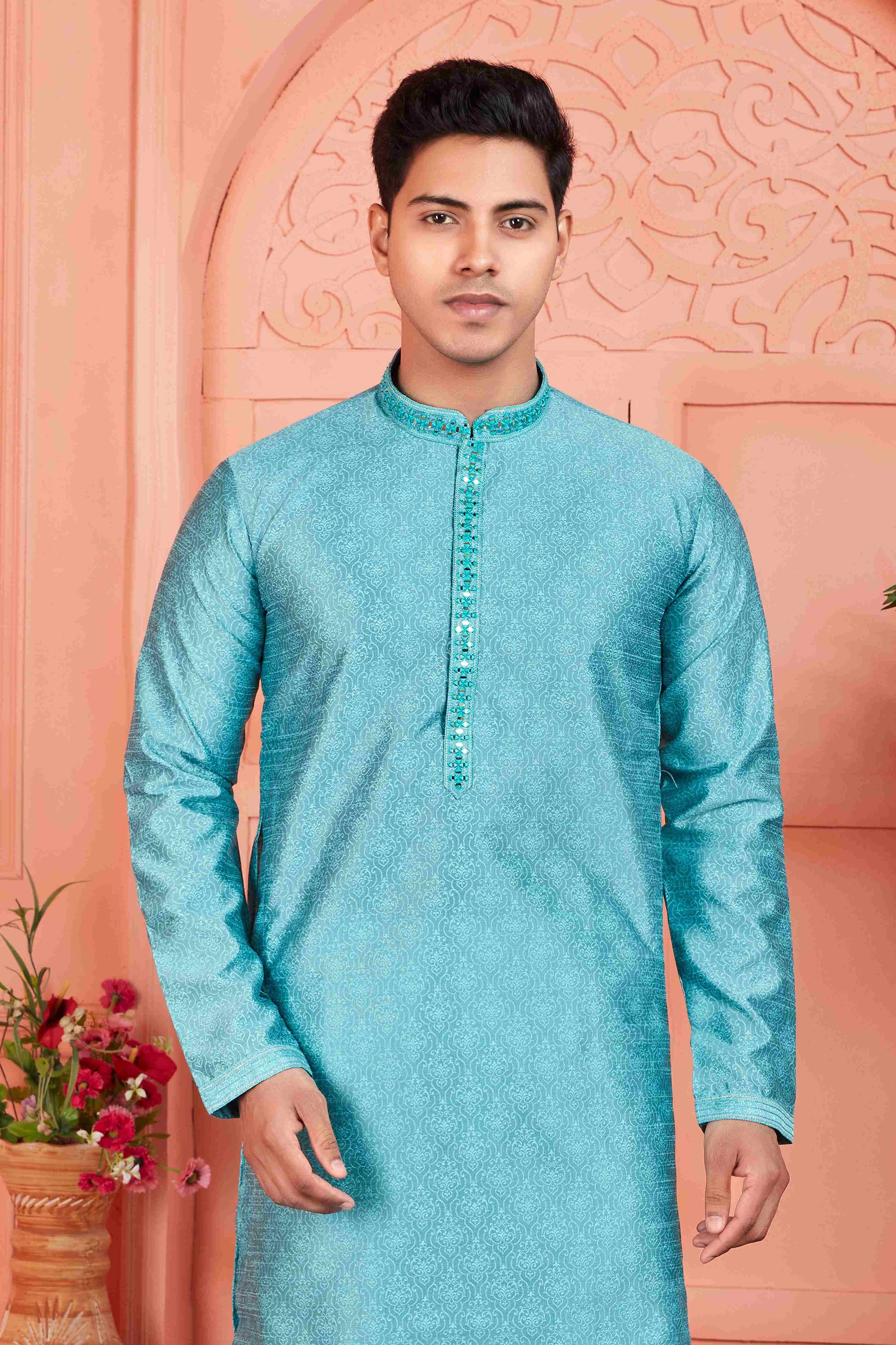 Raivat Ethnic Men's Jacquard Silk Brocade Mirror and Pintux Work Kurta Pyjama In Blue Colour
