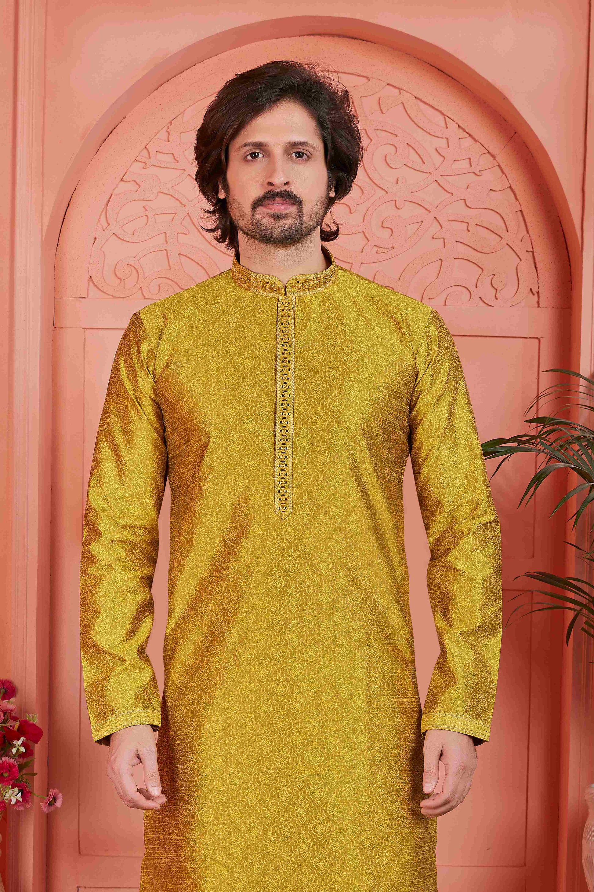 Raivat Ethnic Men's Jacquard Silk Brocade Mirror and Pintux Work Kurta Pyjama In Gold Colour