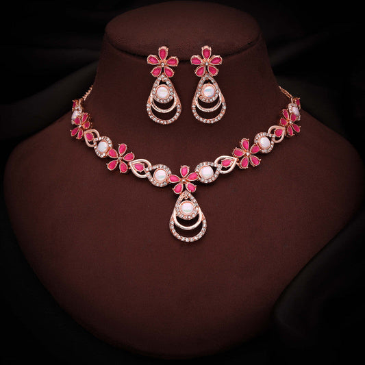 Tehzeeb Creations Rose Gold-Polished Pink Colour Necklace With Stud