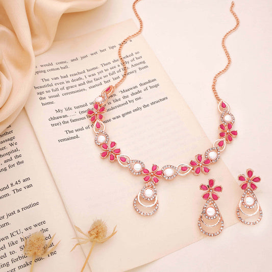 Tehzeeb Creations Rose Gold-Polished Pink Colour Necklace With Stud