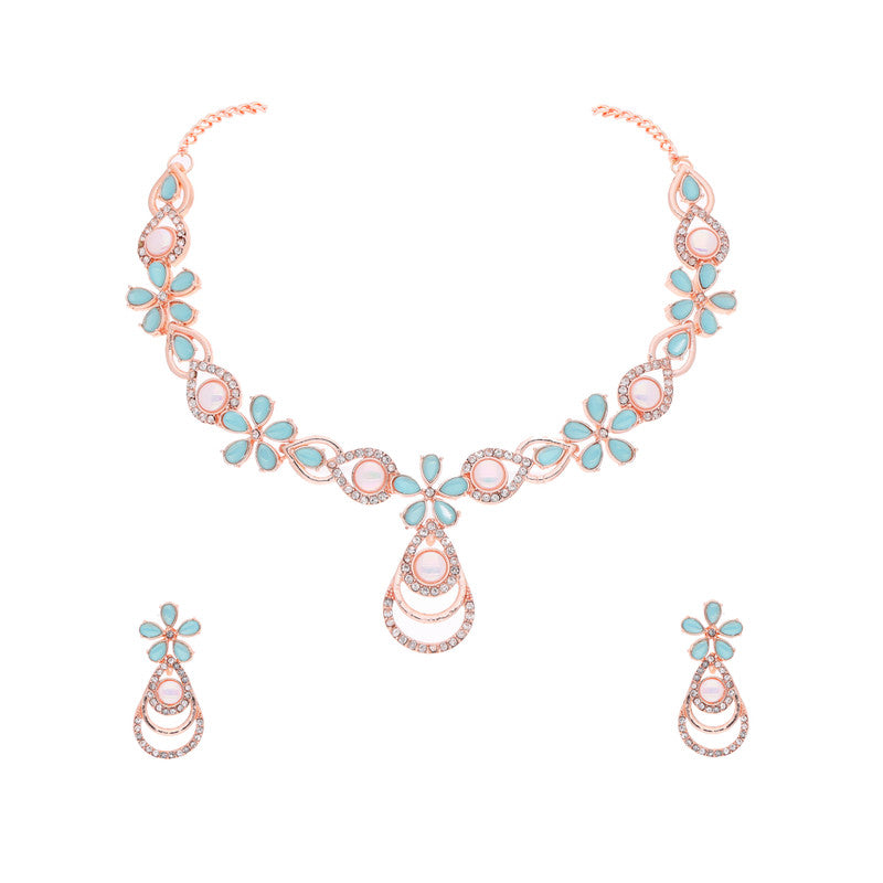 Tehzeeb Creations Rose Gold-Polished Sky Blue Colour Necklace With Stud Tehzeeb Creations