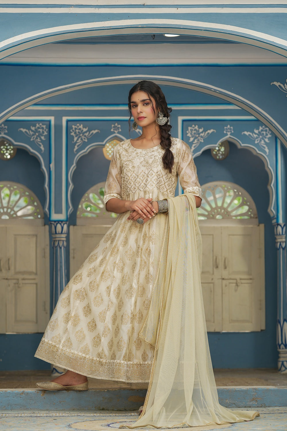 Juniper Beige Chanderi Festive Solid Embroidered Flared Maxi Dupatta For Women