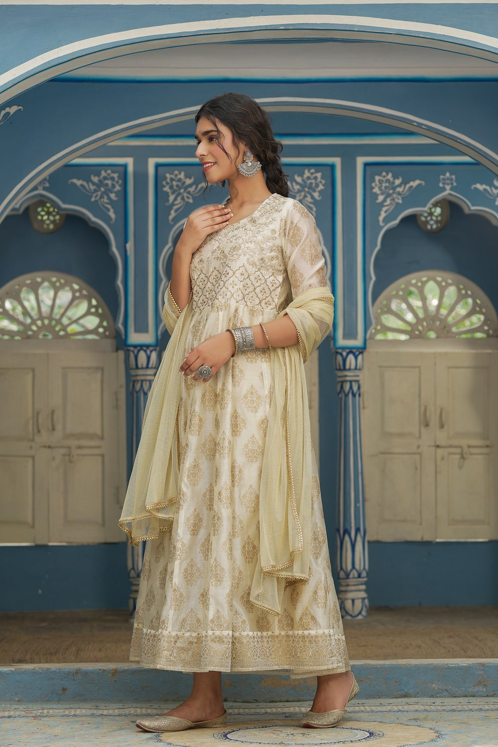 Juniper Beige Chanderi Festive Solid Embroidered Flared Maxi Dupatta For Women