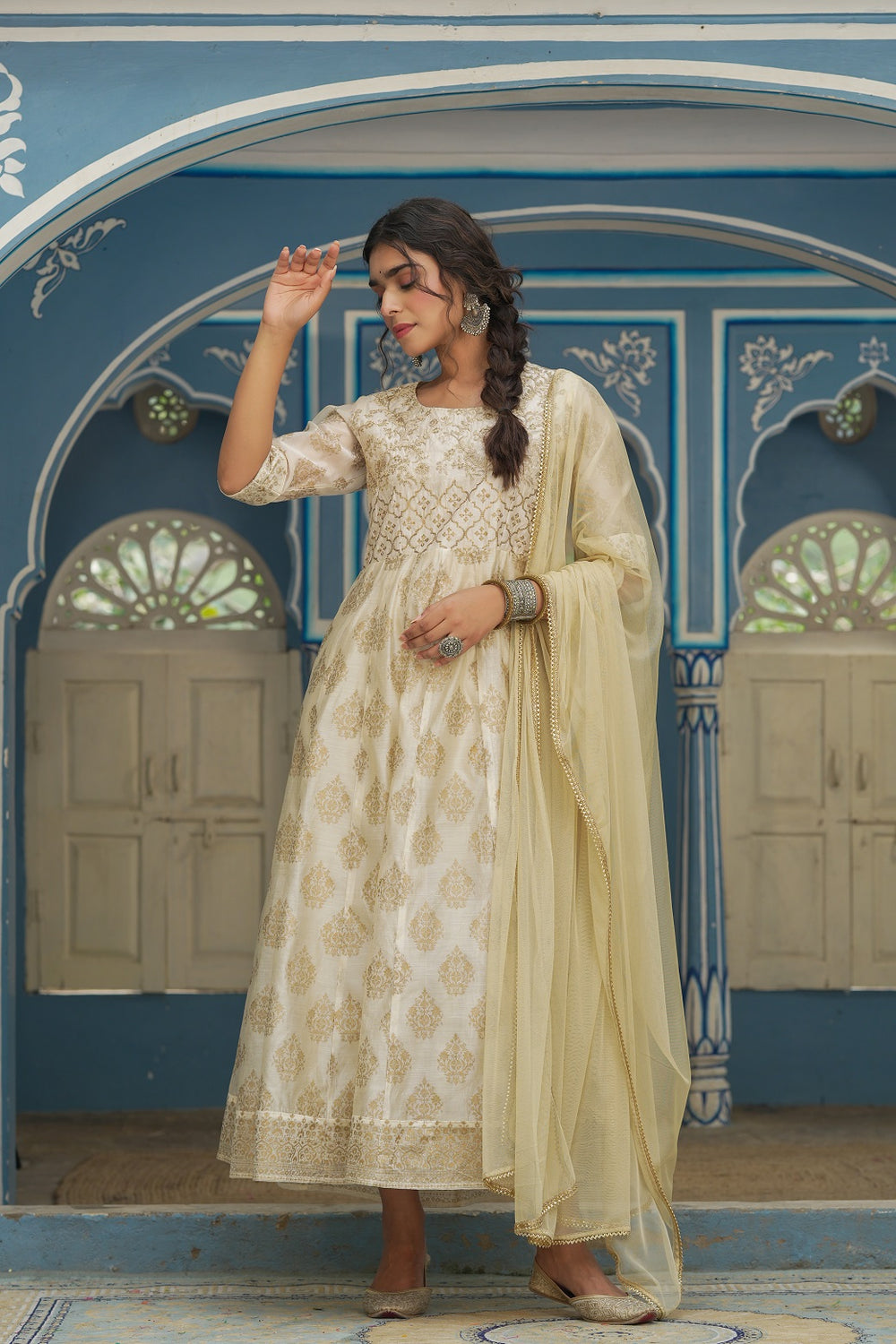 Juniper Beige Chanderi Festive Solid Embroidered Flared Maxi Dupatta For Women