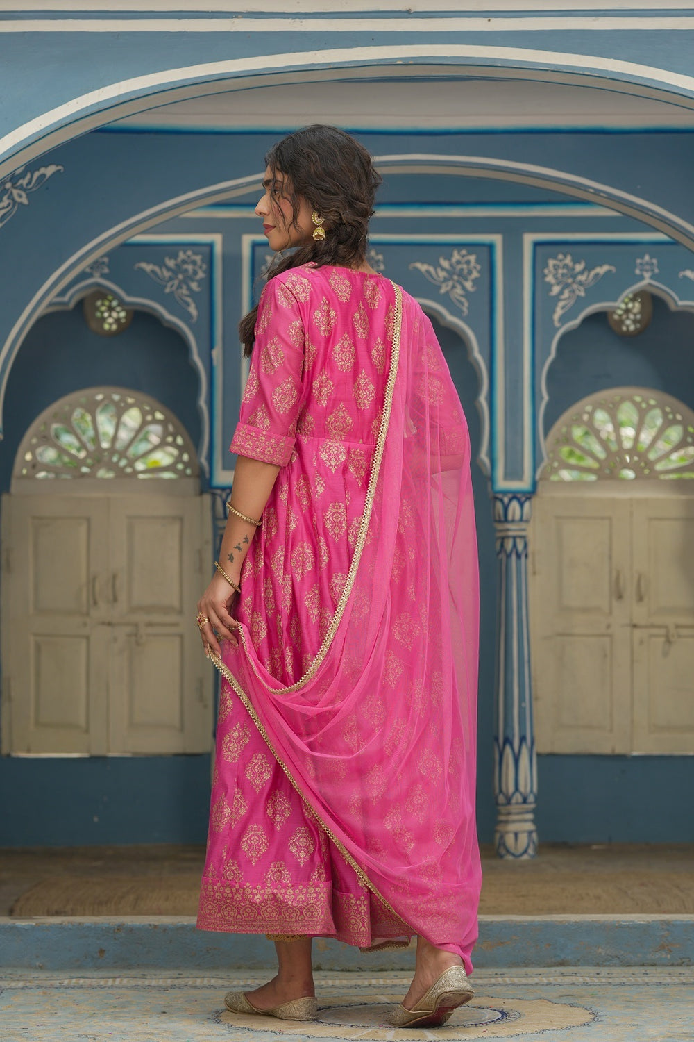 Juniper Pink Chanderi Festive Solid Embroidered Flared Maxi Dupatta For Women