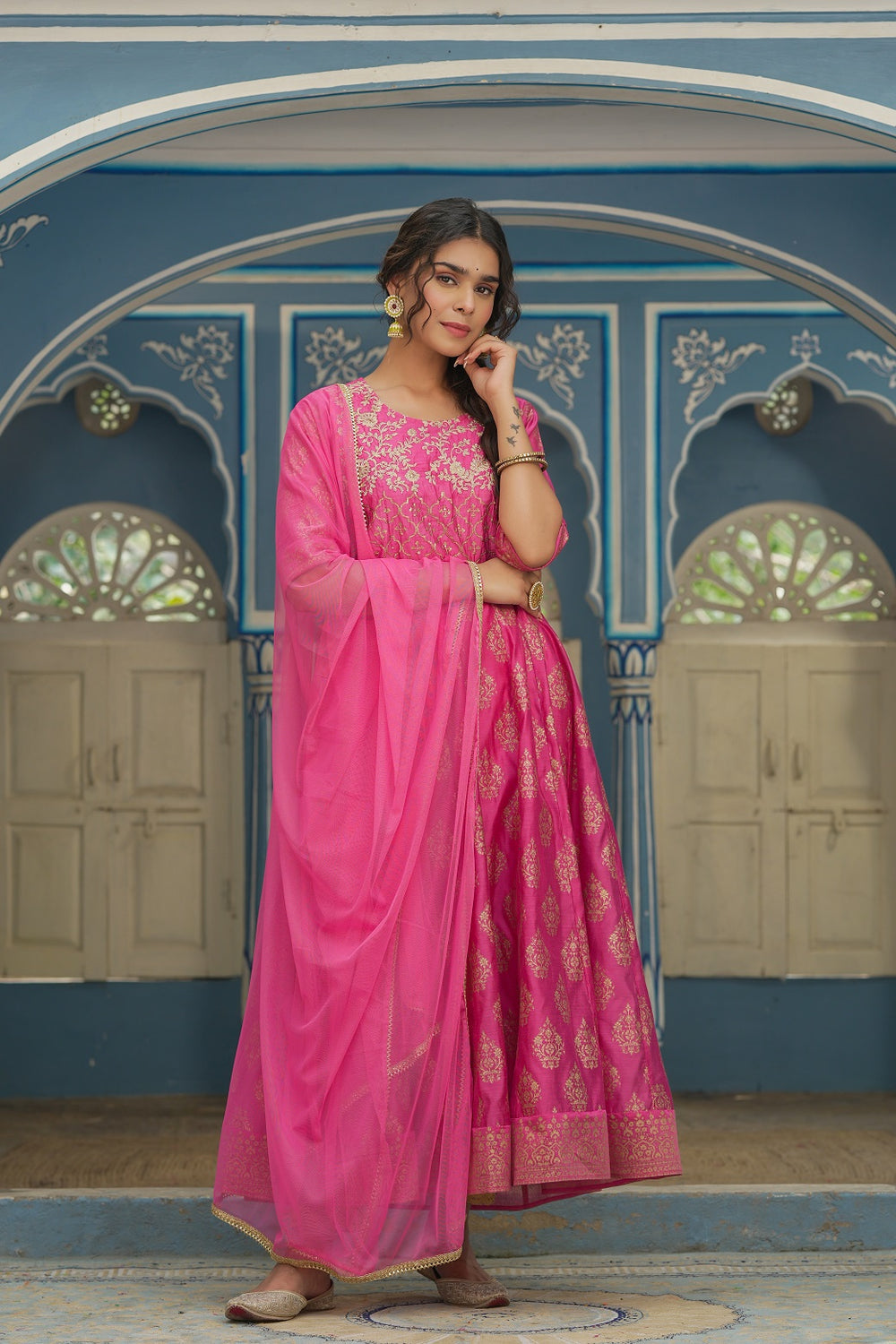 Juniper Pink Chanderi Festive Solid Embroidered Flared Maxi Dupatta For Women